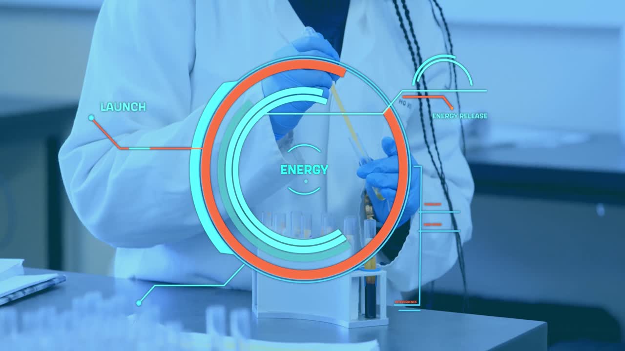 animación de procesamiento de datos sobre una mujer médica afroamericana con tubos de ensayo