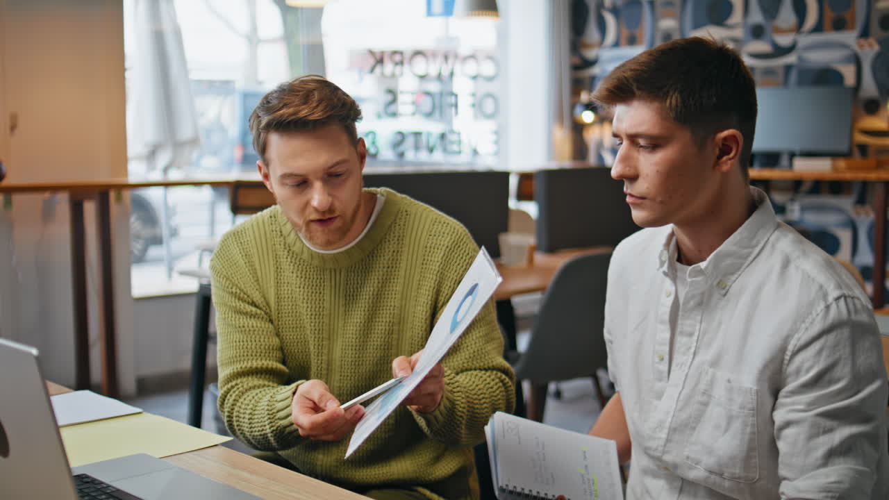 Office men video talking leading presentation at coworking closeup. Team online
