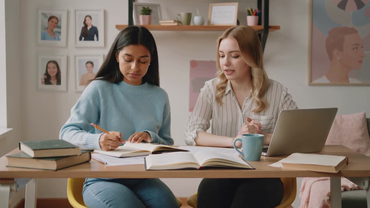 Vertikal video: Pekende veileder veileder student som skriver notater hjemme for å lære med bærbar PC og bøker