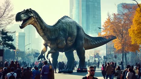 a large dinosaur in the middle of a busy city street