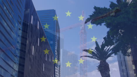 animation of flag of european union over fast motion crane and high rise buildings in modern city