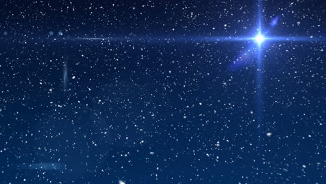 animation of snow falling over glowing star in winter scenery