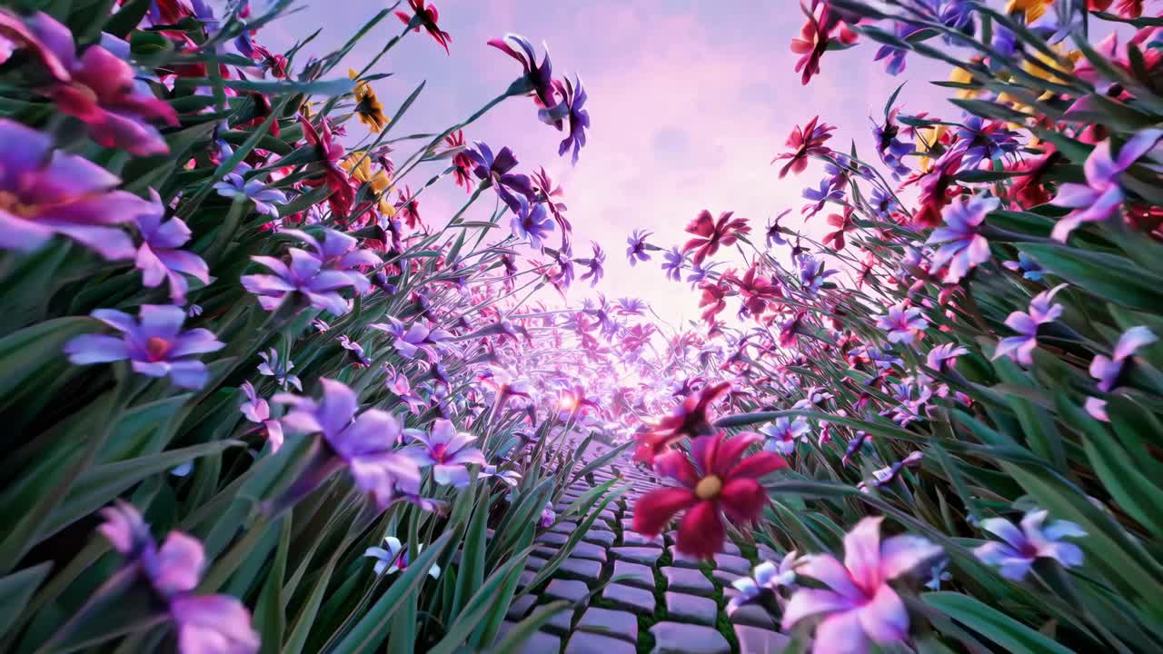 Low-angle view of vibrant flowers against a pastel sky, creating a whimsical, dreamlike atmosphere