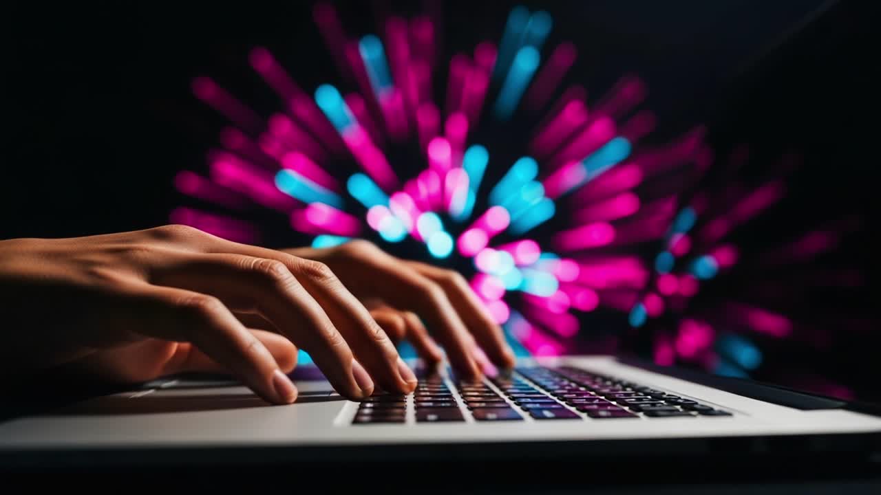 A Focused Moment of Digital Creation: Capturing the Dynamic Essence of Hands Typing on a Laptop Surrounded by Vibrant Light Patterns