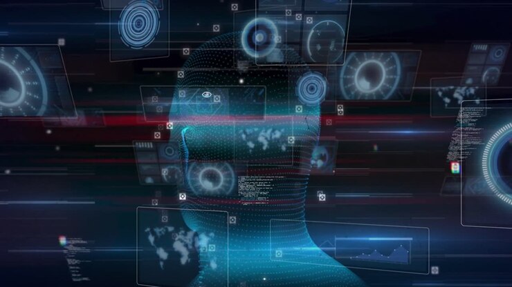 Animation of round scanners and data processing over spinning human head model and light trails