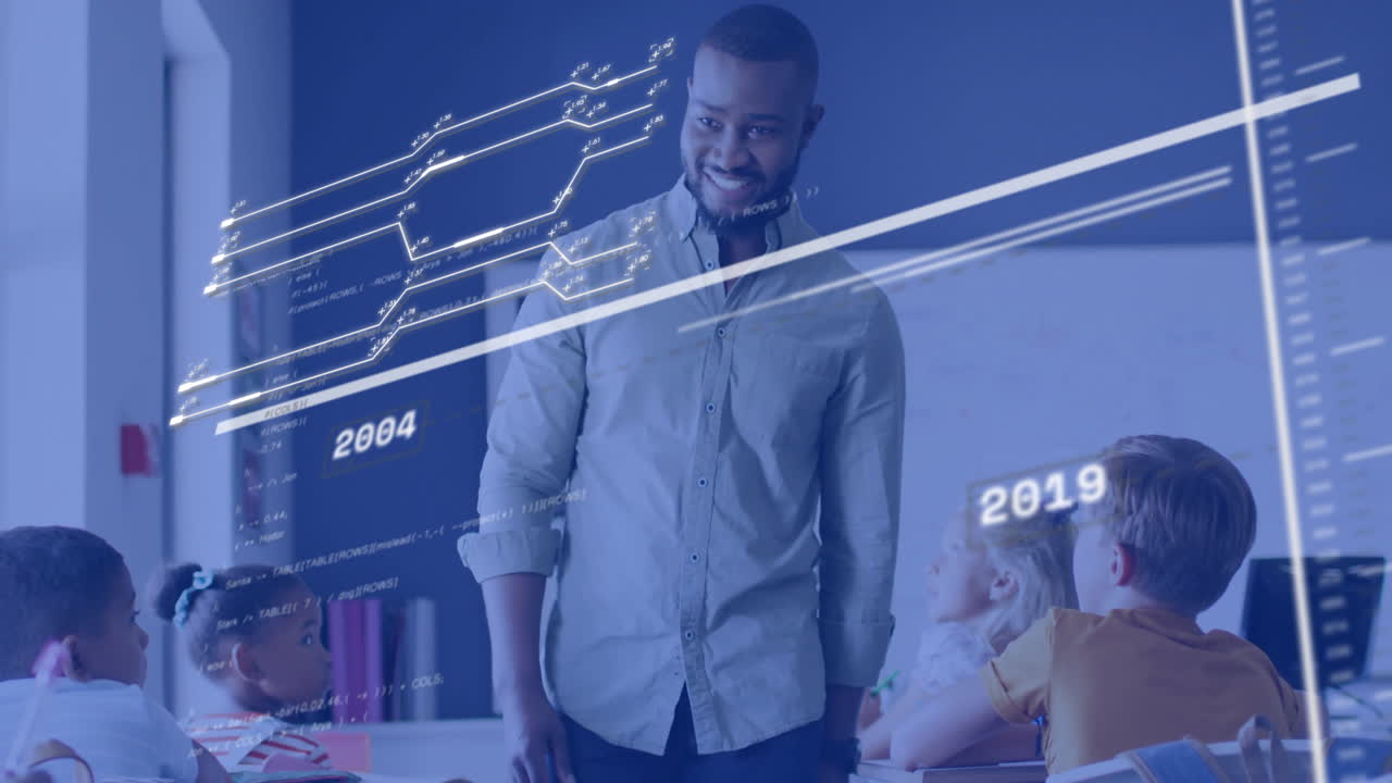 Animation of motherboard and processing data over diverse male teacher and schoolchildren in class