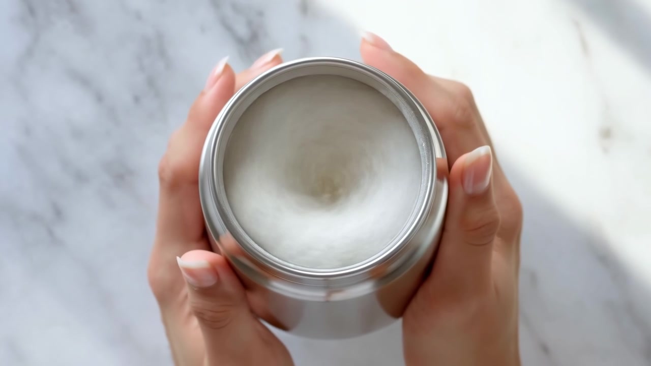 Vista dall'alto di due mani con unghie chiare e curate che tengono aperto un barattolo rotondo di metallo riempito con crema o balsamo di colore chiaro; la superficie appare liscia, poi mostra una leggera alterazione dovuta a una manipolazione delicata.