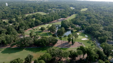 a forested golf course winds through hilton head, blending greens, water features, and fairways into a serene, nature-rich playing experience