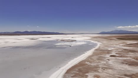 aerial drone pan over the salt beaches of salinas grandes of jujuy and salta provinces near capital of salta, argentina