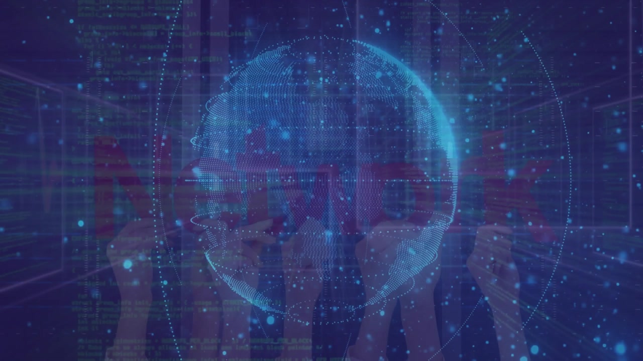 At 1s mark translucent globe appearing, rotating orbiting rings glitching NETWORK text showing data