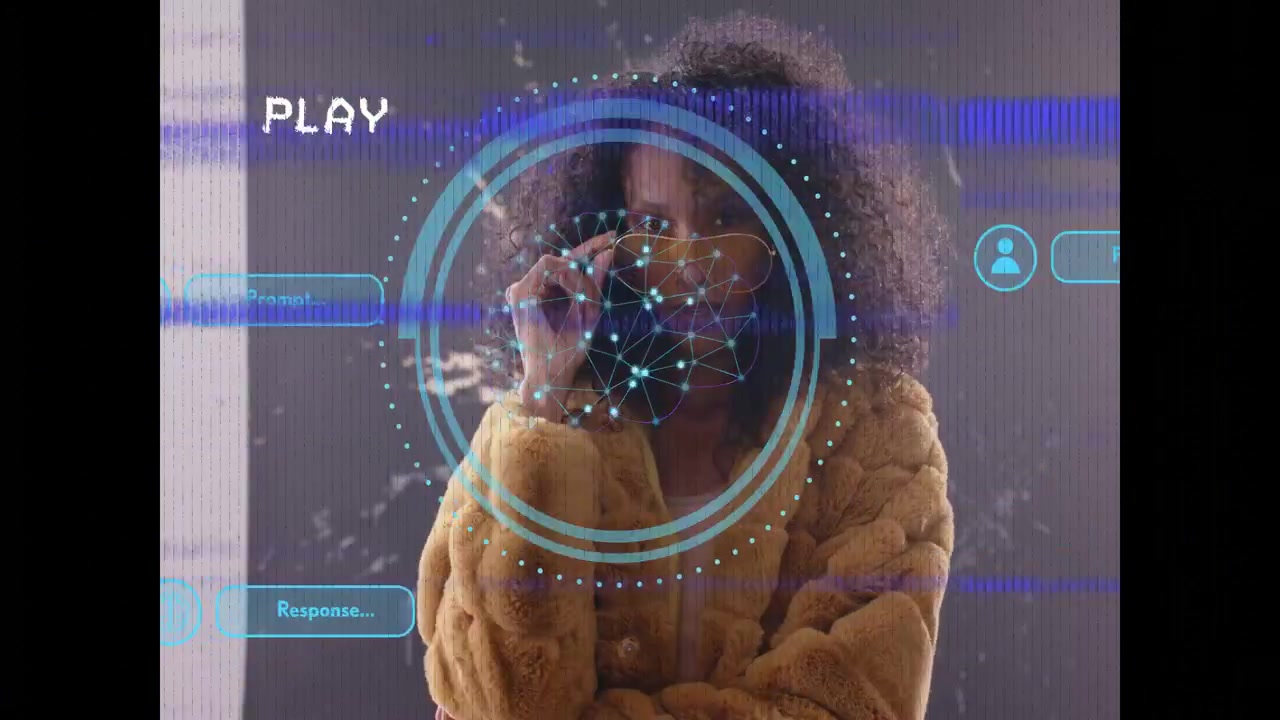 Woman raising yellow shades and activating blue AR scanner, touching UI showing face tracking tech