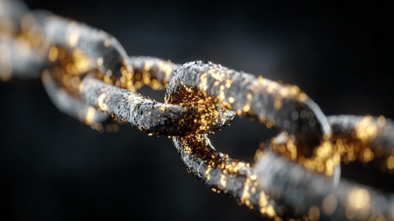 Primo piano di una catena metallica che si unisce a particelle scintillanti, che mostra forza e connettività in un drammatico sfondo scuro