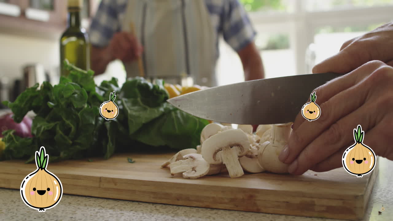 Composite video of multiple onions icons floating against mid section of a woman chopping vegetables