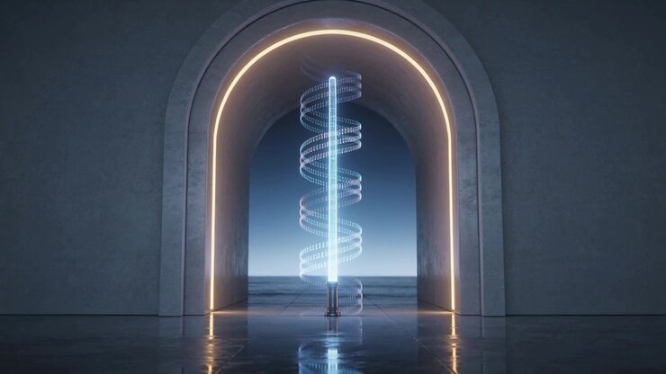 Colonna di luce brillante ed elica a spirale che ruotano in un corridoio riflettendosi sul pavimento