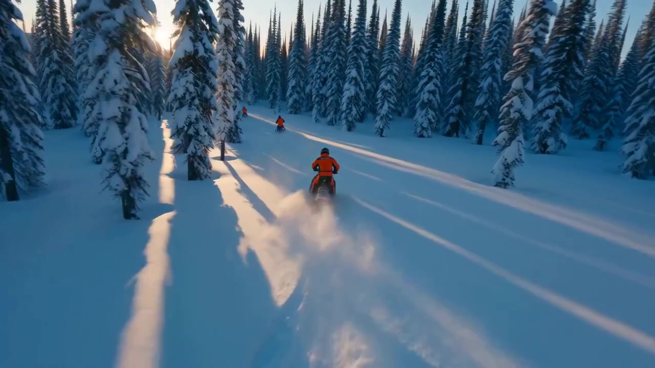 Vista posteriore di motoslittisti che attraversano un'ampia pista di neve fresca illuminata dal sole attraverso una fitta foresta di pini e abeti durante l'ora d'oro, con attrezzatura arancione, tracce compattate, neve alla deriva, luce invernale nitida, in un luogo remoto.