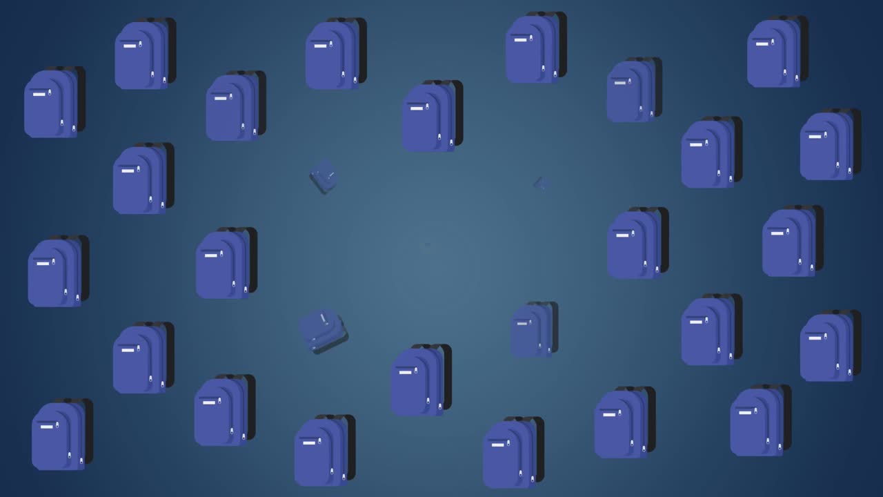 Animation of multiple school bag and book icons against copy space on blue gradient background