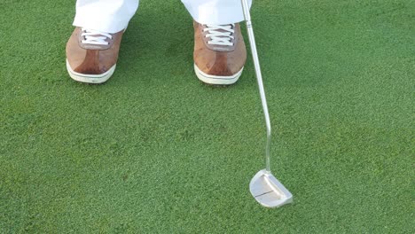 a beautiful close up shot of a man putting a golf ball