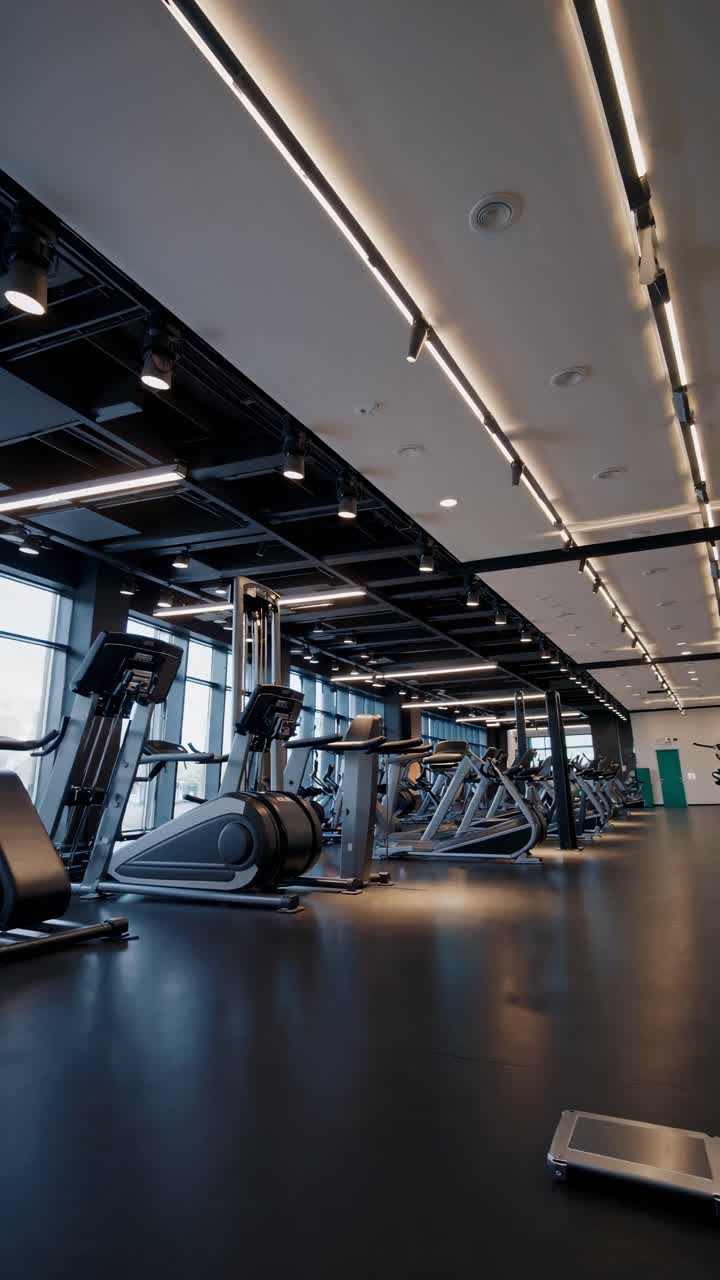 Wide-angle shot of a modern gym with sleek equipment and ambient lighting, capturing a spacious