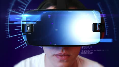Young man wearing VR headset and experiencing virtual reality. Seamless Loop.