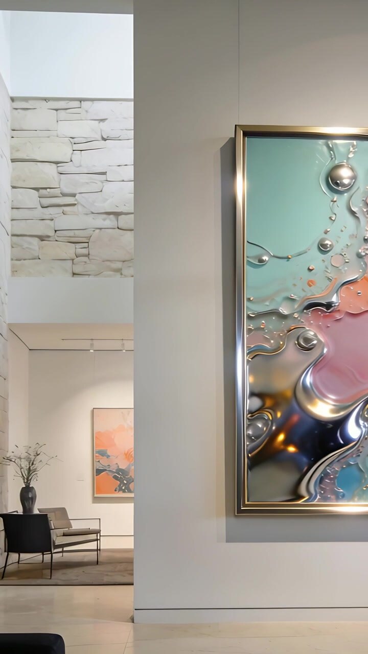 Video verticale: Panoramica della telecamera a destra che rivela un'opera d'arte esposta in una nicchia della galleria, con spazio per il testo.