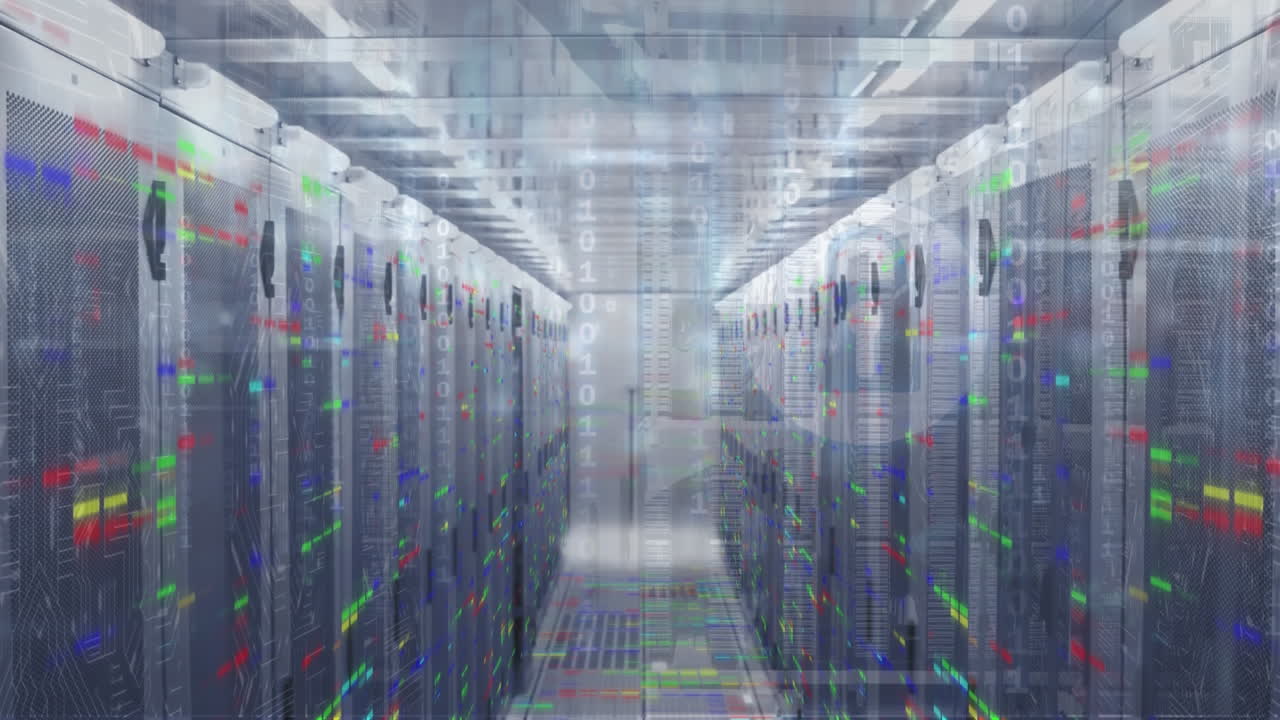 Animation of binary codes over multicolored illuminated data server racks
