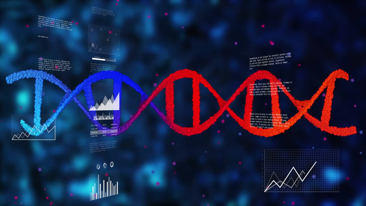 Stylized DNA helix sliding horizontally, showing floating graphs, grid plots and glowing particles