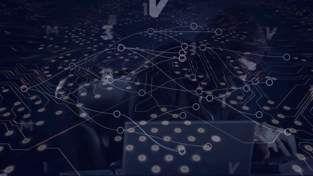 Anonymous Hacker Typing on Laptop with Digital Circuit Board Overlay