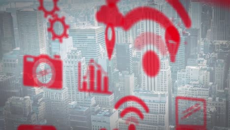 animation of online digital icons over cityscape