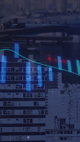 animation of financial data processing over cityscape