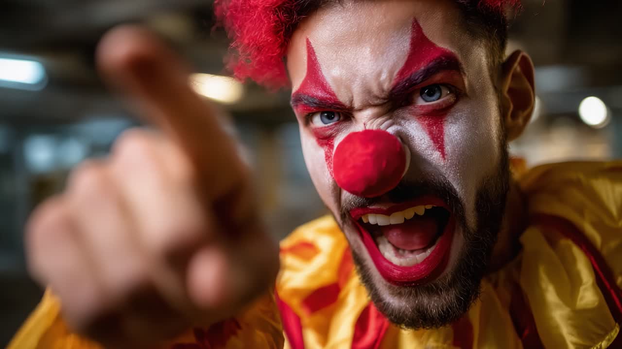 Intense Clown Expresses Anger While Pointing, Showcasing Emotional Range in Costume with Bright Colors and Dramatic Makeup in a Mysterious Setting