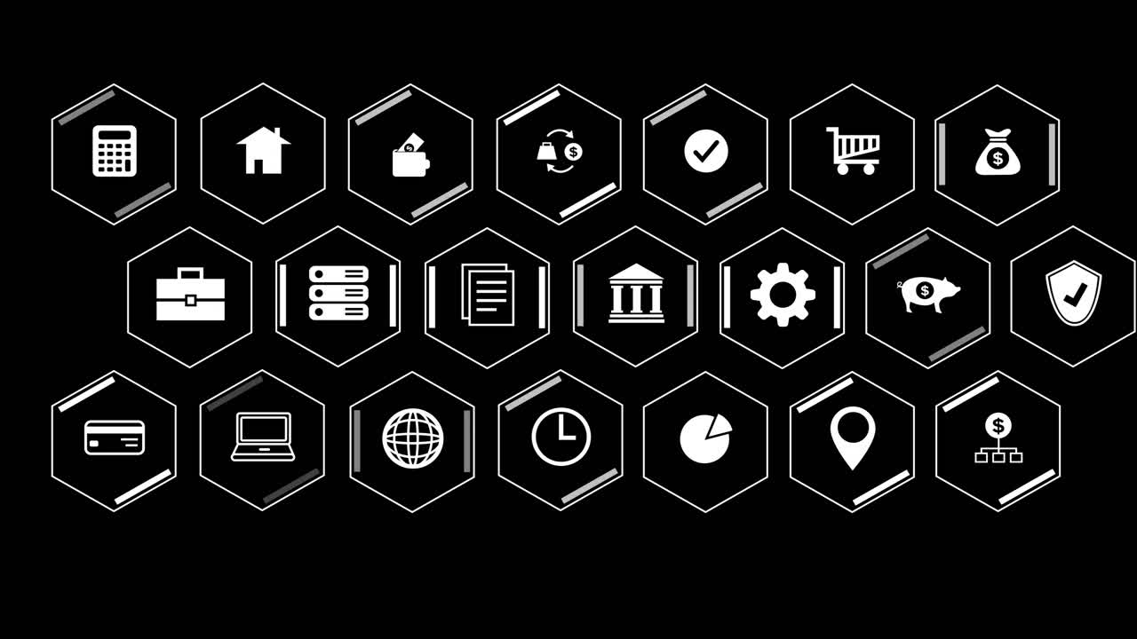 animación de iconos comerciales y bancarios con procesamiento de datos sobre fondo negro