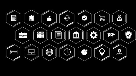 animation of business and bank icons with data processing over black background