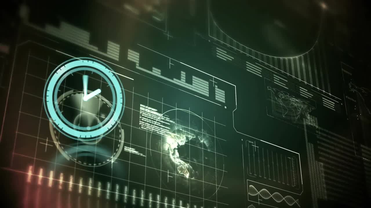 animazione di un orologio in movimento veloce e elaborazione dei dati su schermo digitale