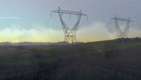 animación del procesamiento de datos sobre el paisaje con torres eléctricas