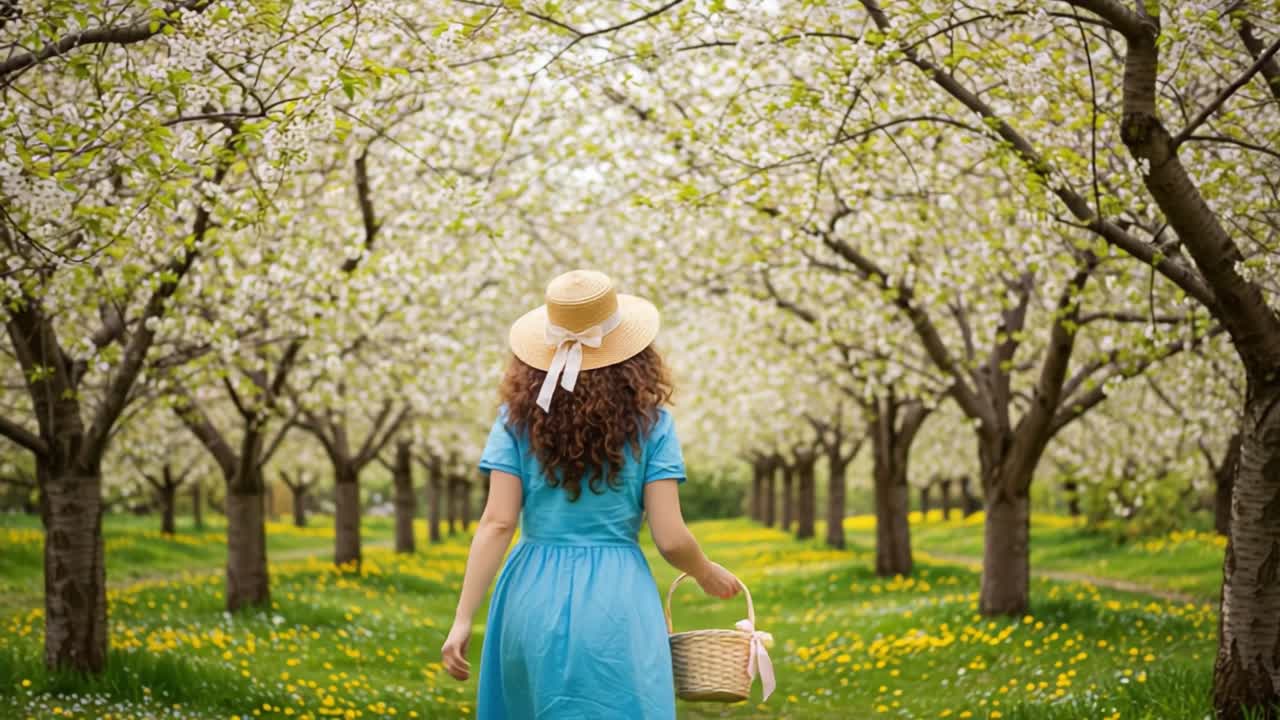 A woman in a light blue dress strolls through a blooming orchard, carrying a basket, surrounded by vibrant flowers and lush greenery, capturing the essence of springtime beauty
