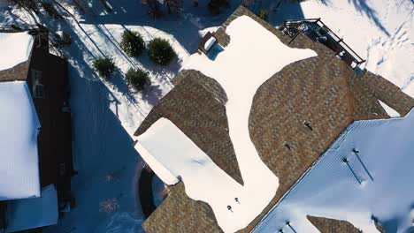 Winter-Neighborhood-Houses-Covered-in-Snow-in-Pine-Tree-Forest,-Top-Down-Drone-View-in-Breckenridge-Colorado-Mountain-Town-Cul-de-sac-With-Rustic-Vacation-Homes,-Aerial-Bird's-Eye-View