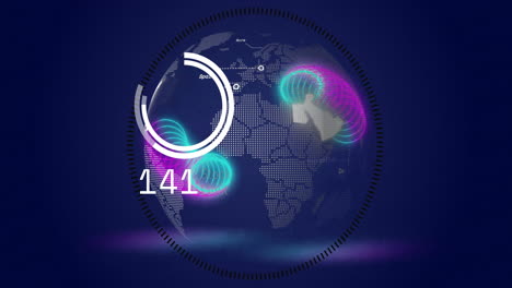 dotted globe being animated in dark blue interface showing neon clusters and displaying stock limit