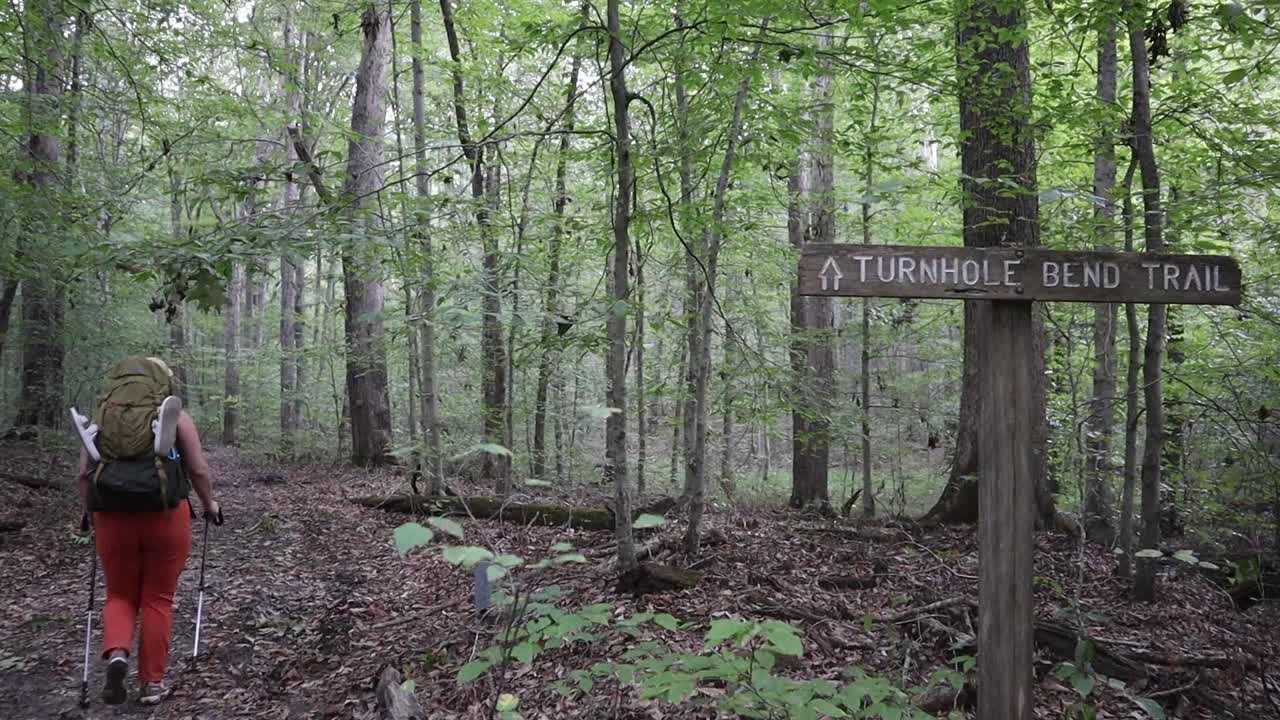 En backpacker vandrer langs en efterårssti. Hun stopper og giver tommelfingeren op til kameraet. Filmet ved Turnhole Bend Trail i Mammoth Cave National Park.