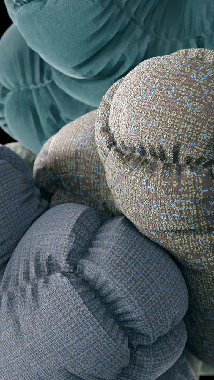 Heap of soft bodies spinning around. 3d vertical animation