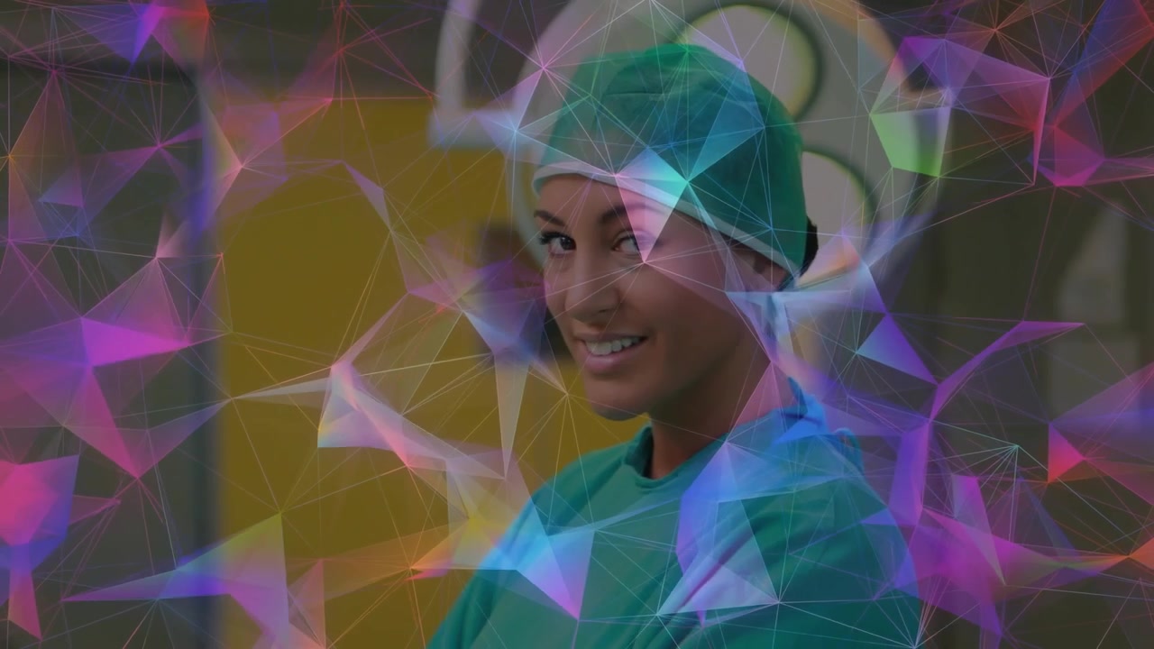 Chirurgienne souriante avec une superposition de réseau numérique abstrait.