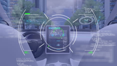 animación digital de escaneo de alcance contra el automóvil futurista que se conduce por sí mismo a través de la ciudad