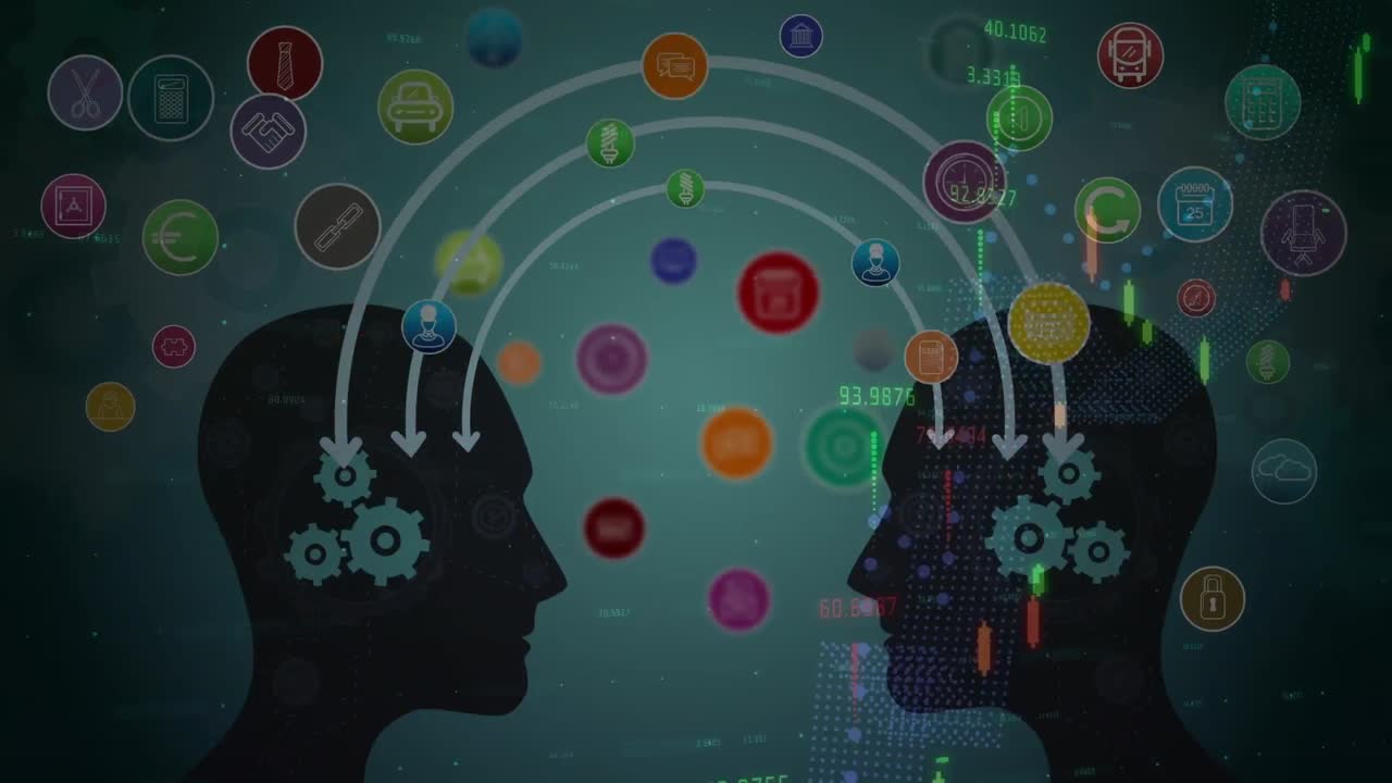 어두운 녹색 배경에 다양한 데이터, 기어 및 그래프의 애니메이션