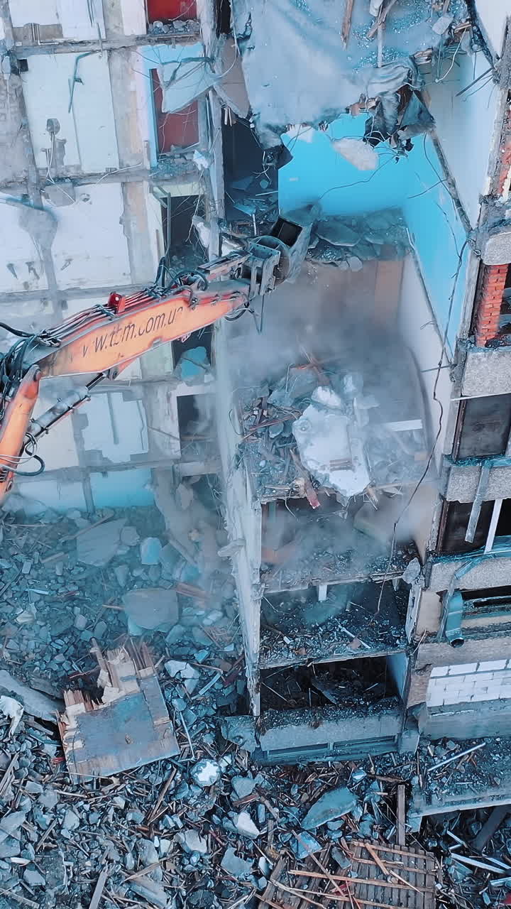 Earthquake house destroyed aerial view. Natural disaster demolition building.
