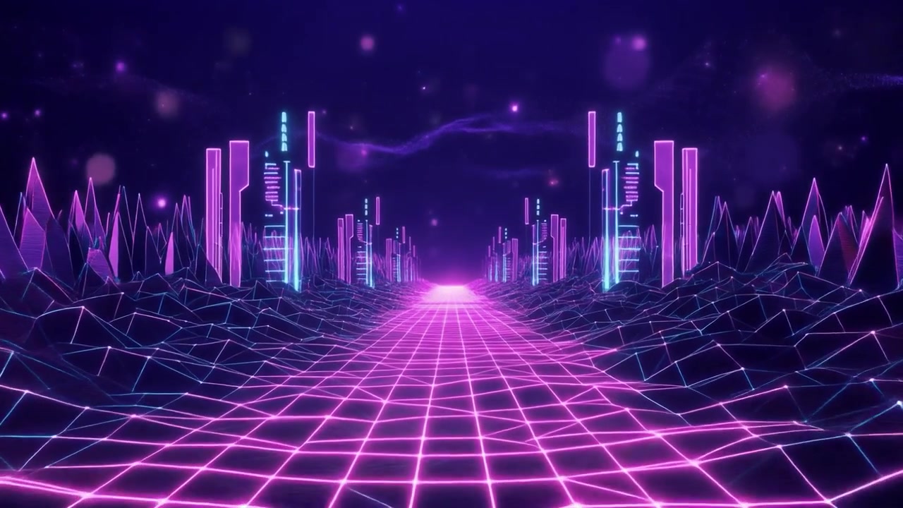 Paesaggio Digitale Retro Synthwave con Skyline Urbano al Neon