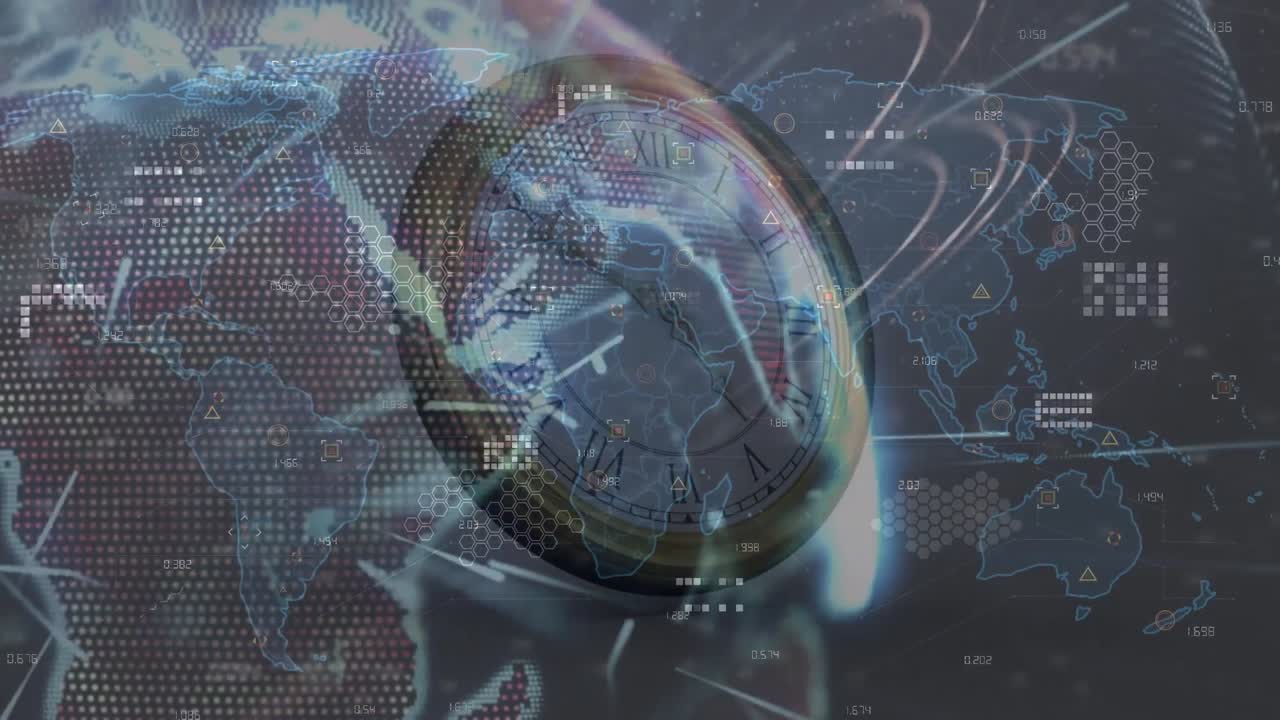 Animation of world map over moving clock on white background