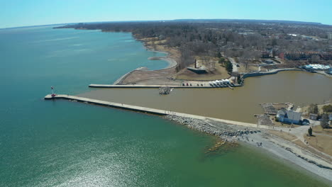 wide aerial view of the marine and pier in oakville, ontario on a clear, sunny day