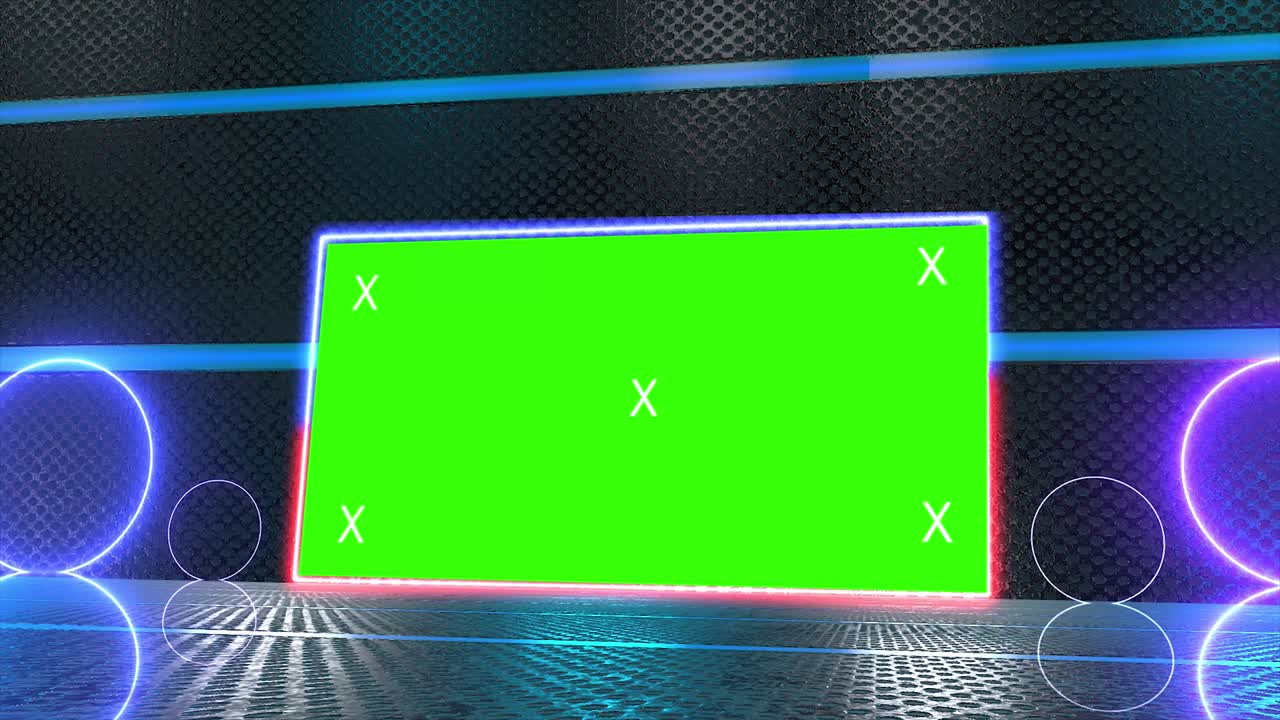 추상적인 크리에이티브 터널 및 그린 스크린 알파 채널 광고판 모형: 네온, 파란색 보라색 led 바 및 기술, sf, 미래의 사이버 크, 빈 프레임으로 3d 렌더링