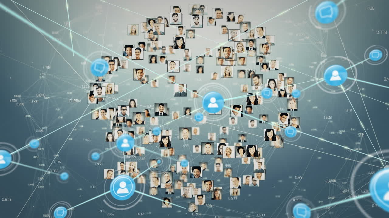 회색 배경 위에 아이콘과 사용자 사진으로 연결 네트워크의 애니메이션