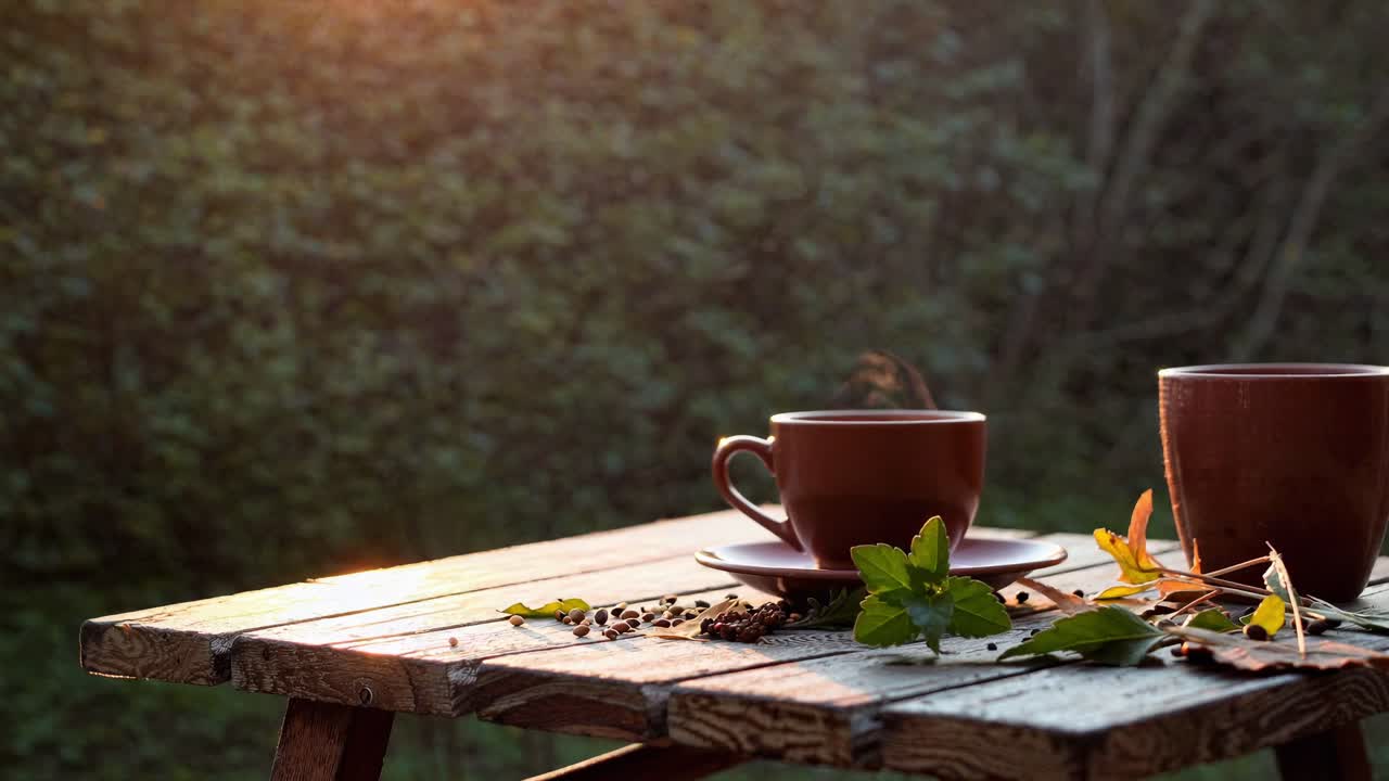 Steaming coffee mugs resting on weathered wooden surface, scattered autumn leaves, cinnamon sticks, golden sunlight casting warm embrace over intimate seasonal setting