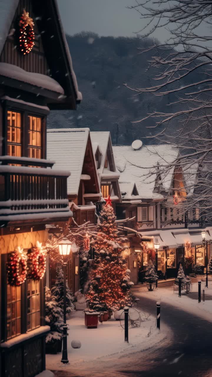 Charming winter village scene at dusk, captured from a high angle
